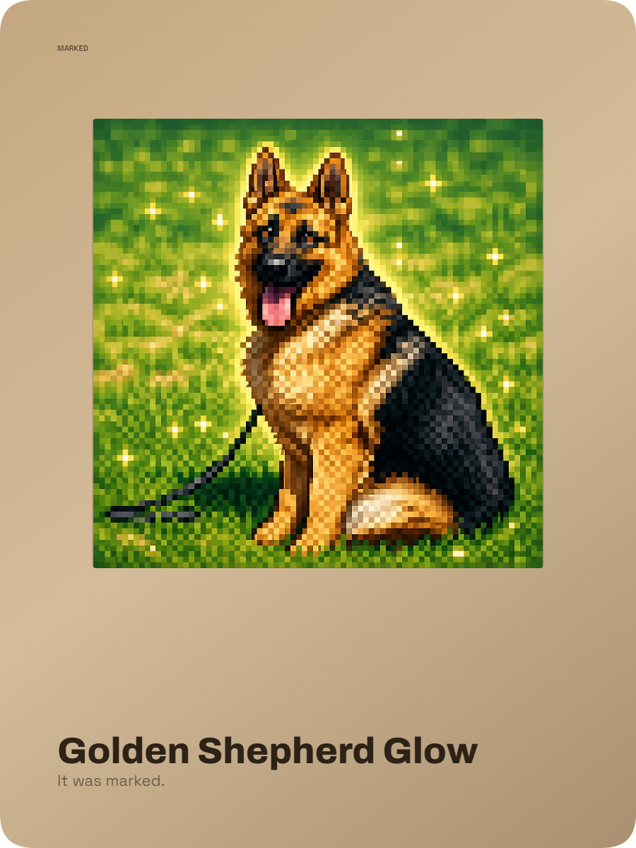 Pixel art collectible card of a German Shepherd glowing in a sunny green field.