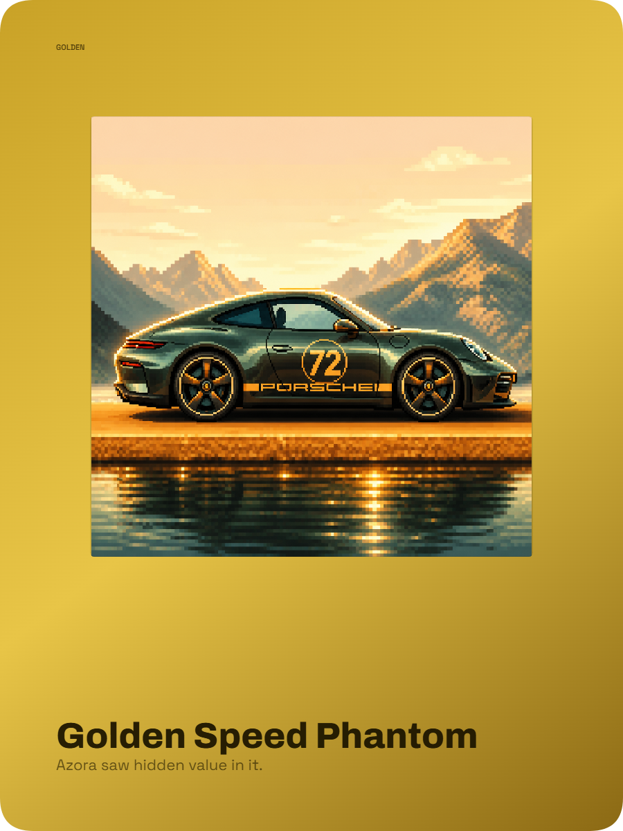 Pixel art collectible card of a green sports car glowing in a golden mountain scene.