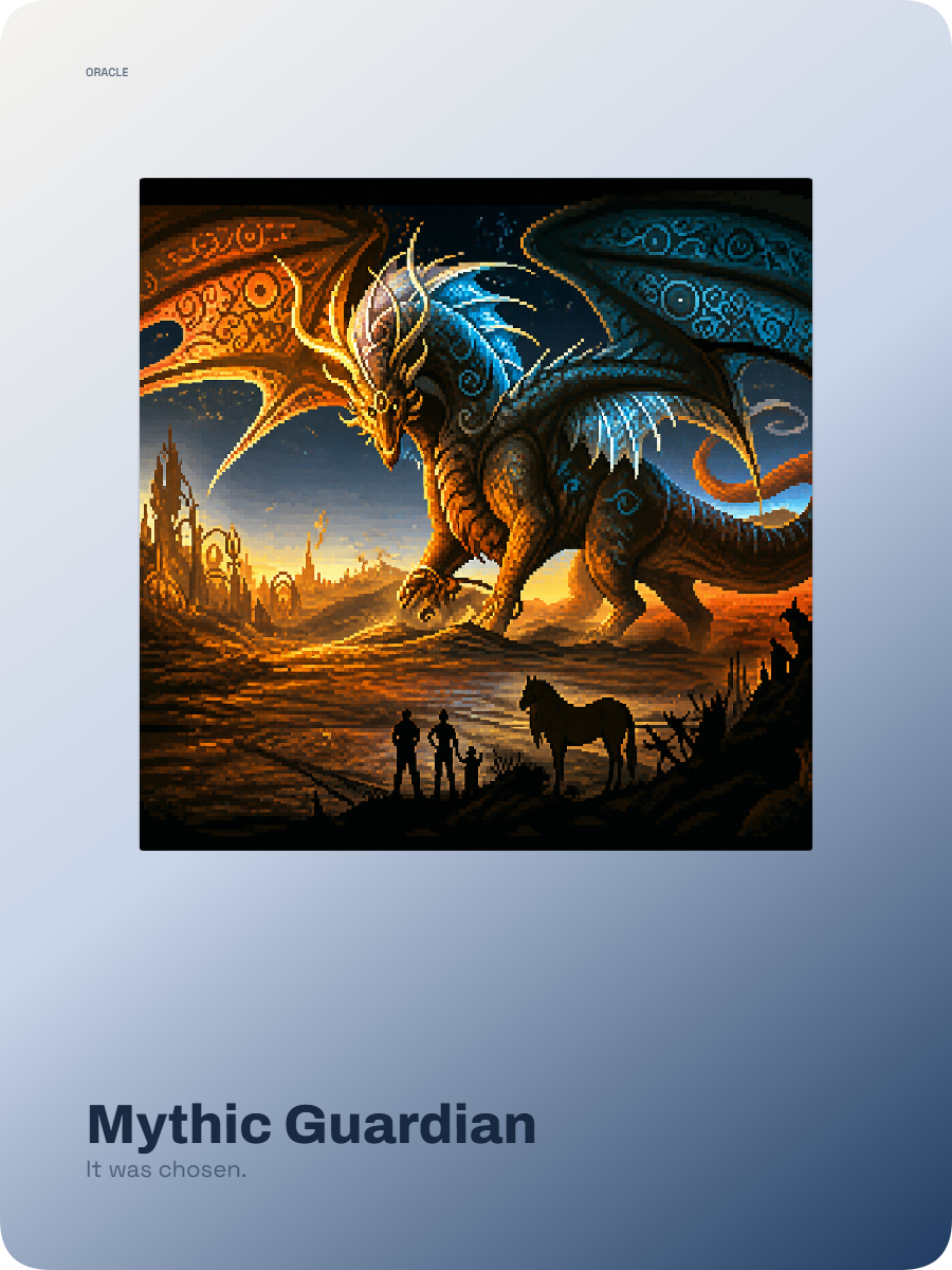 Pixel art collectible card of a mythic dragon glowing over a fantasy landscape.