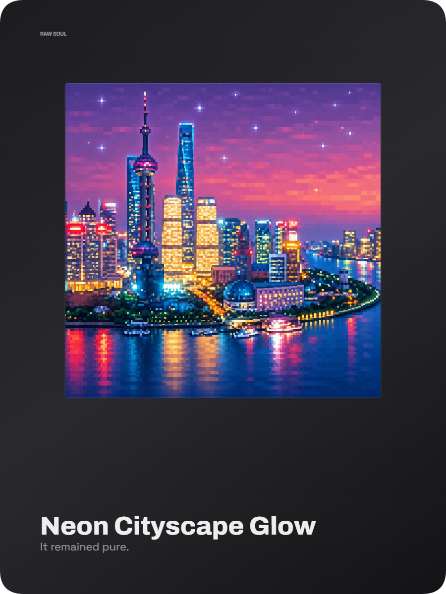 Pixel art collectible card of a neon city skyline reflected on water at sunset.