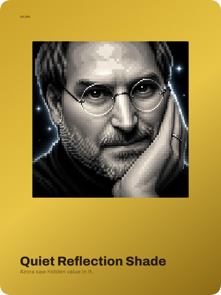 Pixel art collectible card of a monochrome portrait on a golden card.