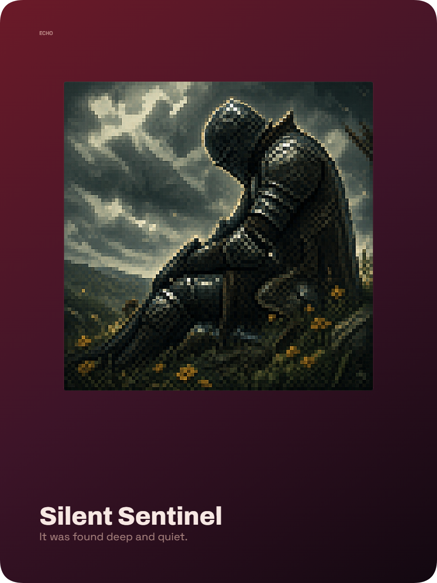 Pixel art collectible card of a silent armored sentinel seated under a stormy sky.