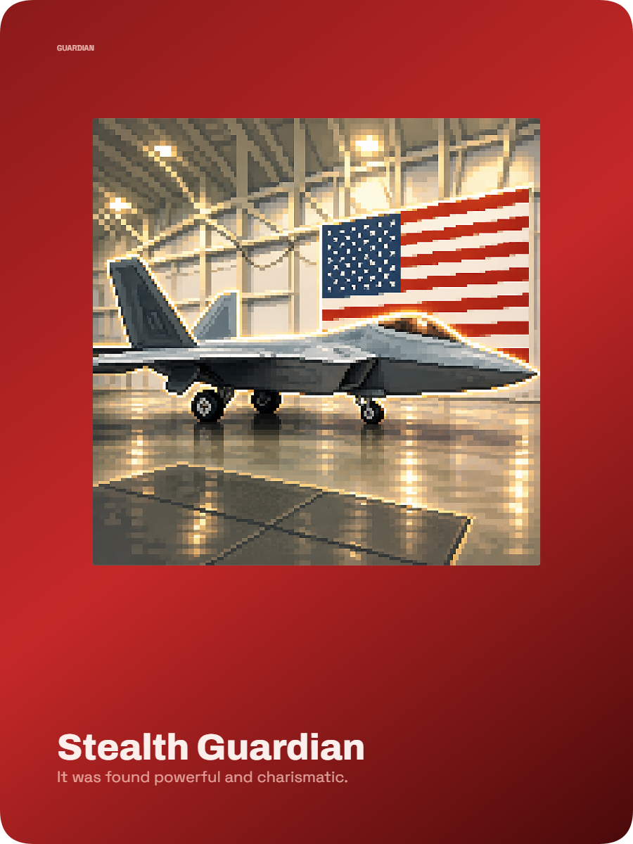 Pixel art collectible card of a stealth jet in a bright hangar.