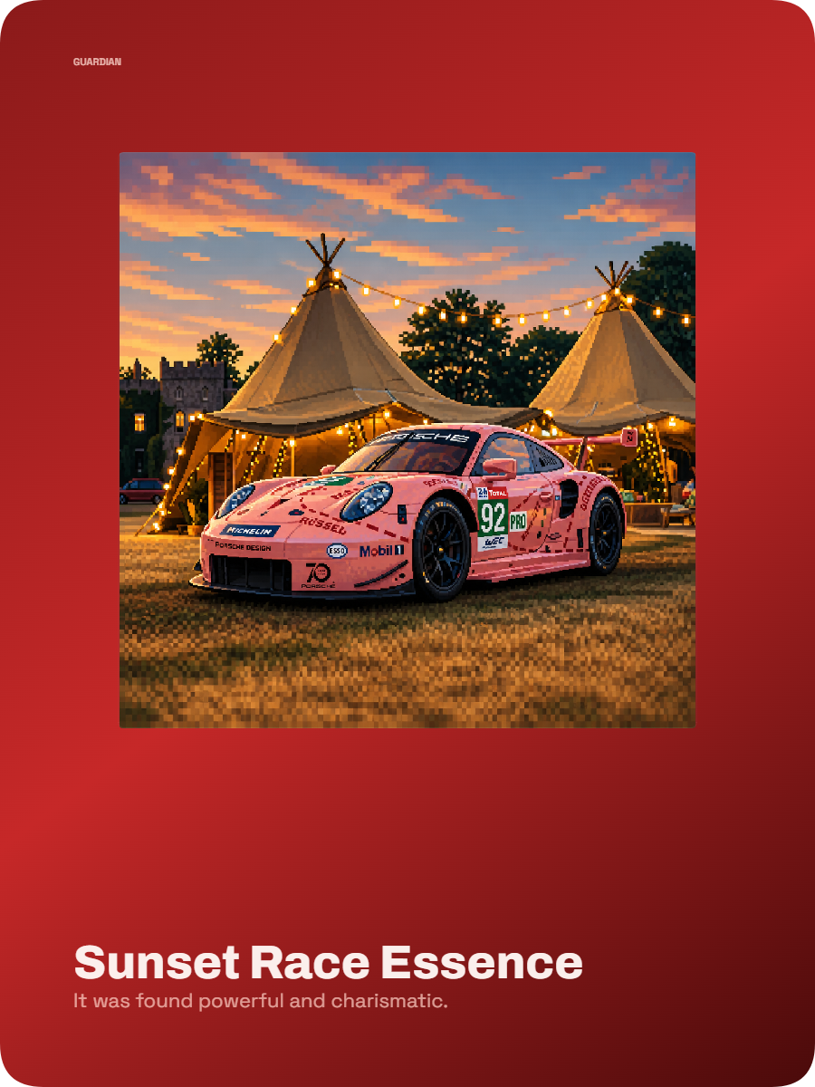 Pixel art collectible card of a pink race car at sunset near lit tents.